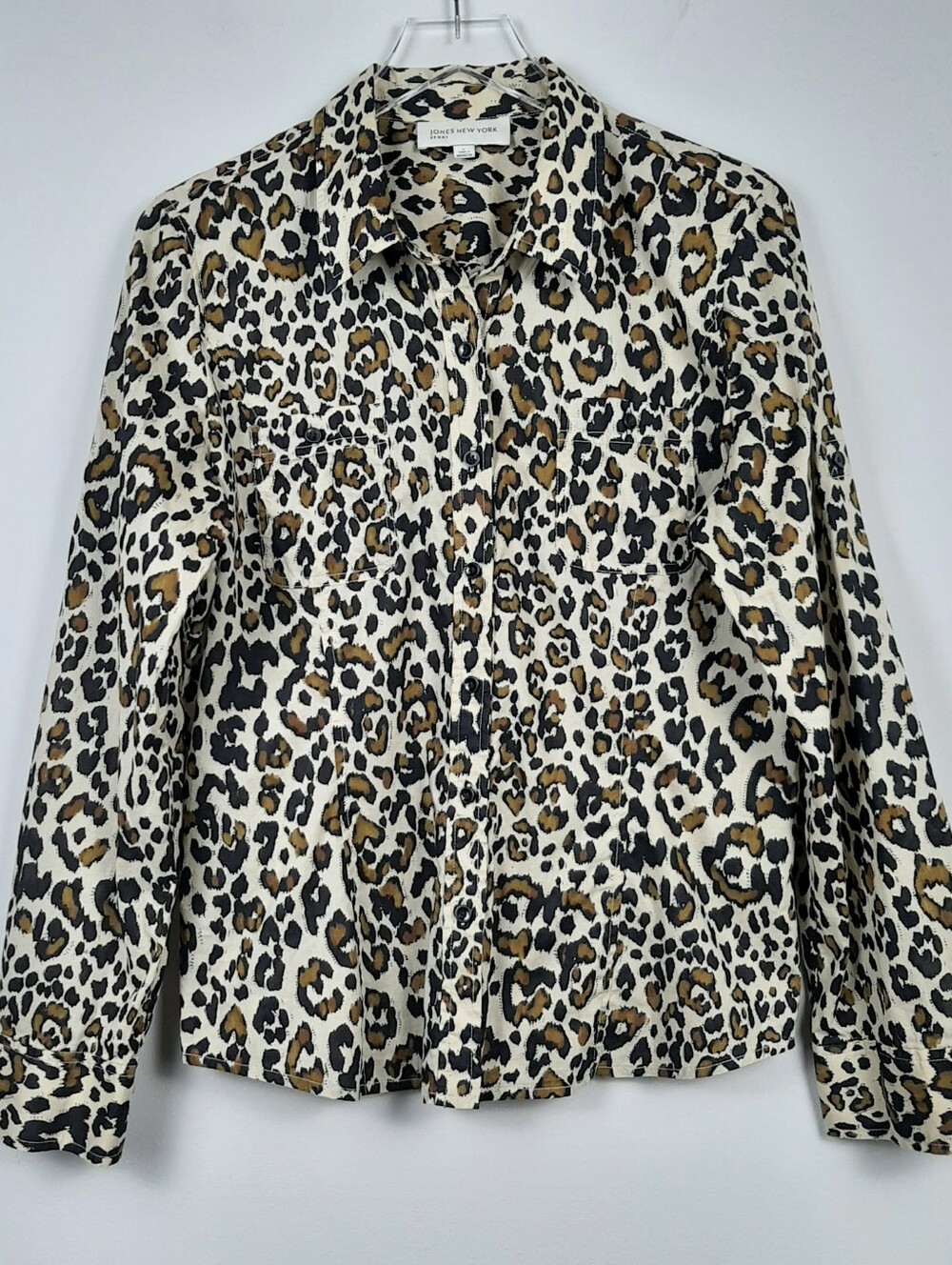 Jones New York Animal Print Cotton Button Front Shirt Large